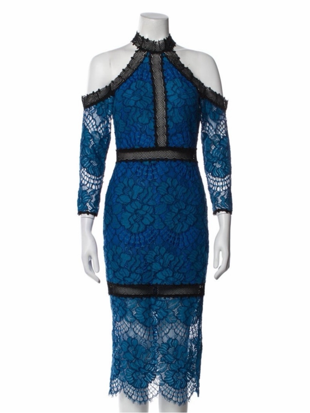 Alexis Blue Lace Cold Shoulder Midi Dress Mock Neck Cocktail Dress size S